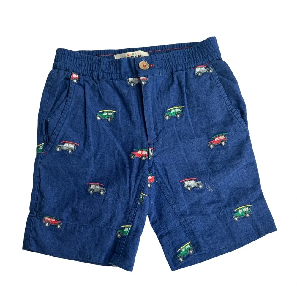 Mini Boden Boys Blue Embroidered Truck Surfboard Cotton Linen Shorts Size 7Y